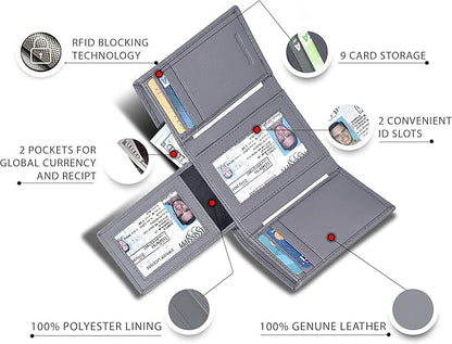 Real Leather Mens Trifold Wallet RFID Blocking Slim Minimalist Front Pocket - Thin & Stylish with ID Window in Gift Box