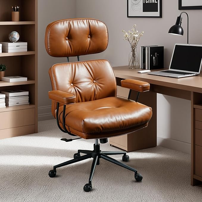 Ergonomic High Back Office Chair, PU Leather Home Office Desk Chairs with Wheels, Lumbar Support Swivel Computer Chair with Rocking Function, Brown