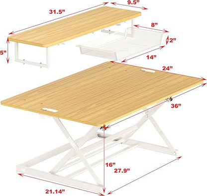 SHW 36-Inch Over Desk Height Adjustable Standing Desk with Monitor Riser, Oak