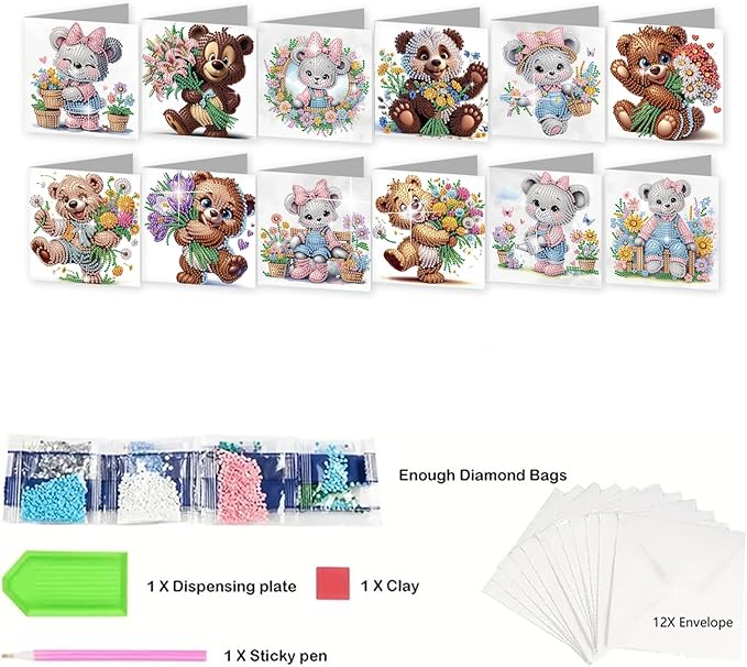 jinglinhh 12pcs Diamond Art Painting Flower Bear Greeting Cards with Envelopes, DIY Card Making Kits for Adults, Diamond Art Christmas Cards for Birthday Holiday Postcards Craft Gifts