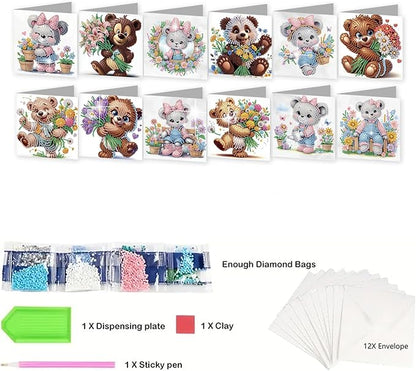 jinglinhh 12pcs Diamond Art Painting Flower Bear Greeting Cards with Envelopes, DIY Card Making Kits for Adults, Diamond Art Christmas Cards for Birthday Holiday Postcards Craft Gifts