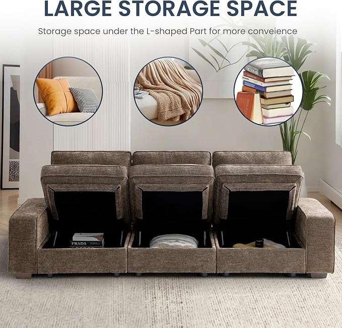 TEKAMON 100" Modular Sofa with Seats Storage, Comfy 3-Seater Chenille Fabric Couch for Living Room, Office, Apart W/Deep Seat, USB Charging, Upholstered Couch with Removable Cover(Brown)