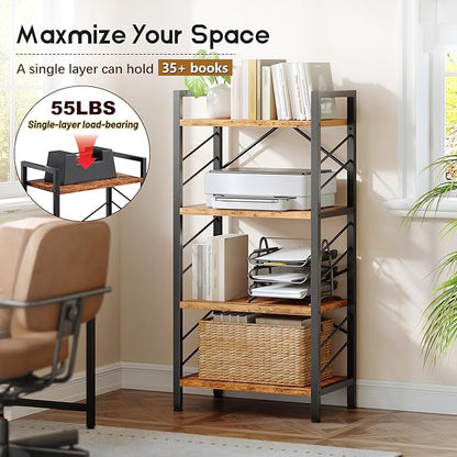 4 Tier Bookshelf, Industrial Bookcase with Metal Frame and Sidebars, Office Shelves for Small Spaces, Bedroom, Living Room, Rustic Brown