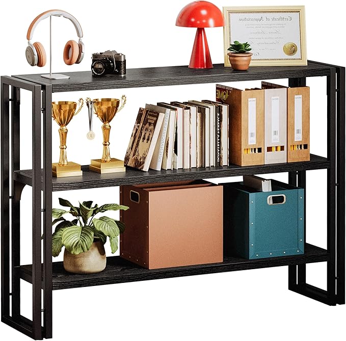 IRONCK Bookshelf Industrial 3 Shelf Bookcase, Wood Storage Shelf with Metal Frame for Living Room, Black