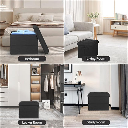 Storage Ottoman Foot Rest with Thicker Foam Padded Seat. Small Bench with Storage. 350 lbs Linen Folding Footstool Bench for Living Room, Bedroom, Home Office. 17x13x13in, Gray Black