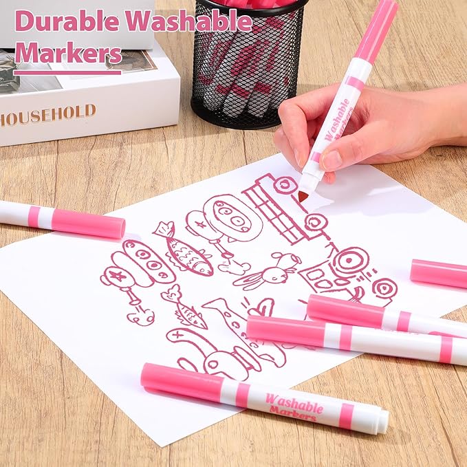 Janlaugh 36 Pcs Pink Washable Markers Bulk Coloring Broad Line Markers for Kids Pink Conical Tip drawing pen for School Supplies, travel Art baby shower gender reveal party Supplies, Ages 6+