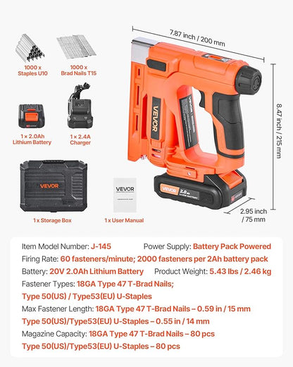 VEVOR Cordless Brad Nailer, 2-in-1 Nail Gun Staple Gun, 18 Gauge 5/8 inch, Includes 1000 Pcs Staples and 1000 Pcs Nails, with Battery and Charger, Non-Slip Rubber Grip, for Woodworking DIY Projects
