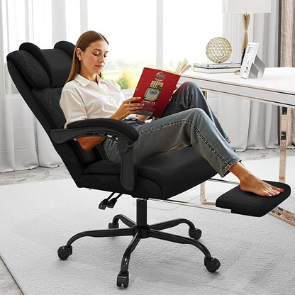 Ergonomic Office Chair with Footrest, 400lbs High Back Executive Home Office Computer Chair with Unique Ear-Shape Headrest for Neck Support,Black Leather Office Chairs for Home Office Work