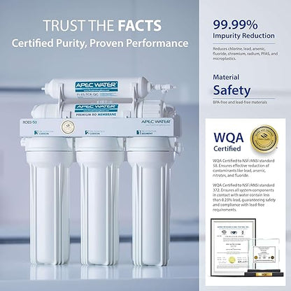 APEC Water Systems ROES-50 Essence Series Top Tier 5-Stage WQA Certified Ultra Safe Reverse Osmosis Drinking Water Filter System with Extra High Capacity Pre-Filter Set Stage 1-3