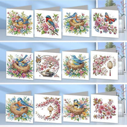 jinglinhh 12pcs Diamond Art Painting Bluebird Flowers Greeting Cards with Envelopes, DIY Card Making Kits for Adults, Diamond Art Christmas Cards for Birthday Holiday Postcards Craft Gifts