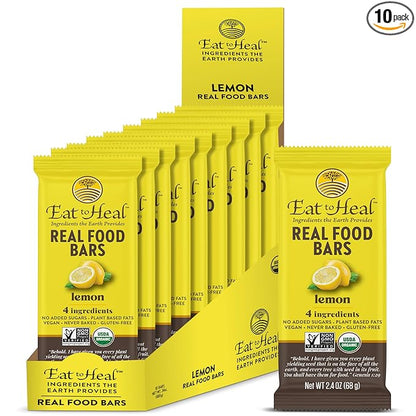 EatToHeal Lemon Real Food Bar - Organic Vegan Healthy Gluten Free Protein Bars - Low Sugar Meal Replacement Bar, Non GMO, Never Baked, Plant Based - Crafted to Enjoy, Not Sit on Shelves