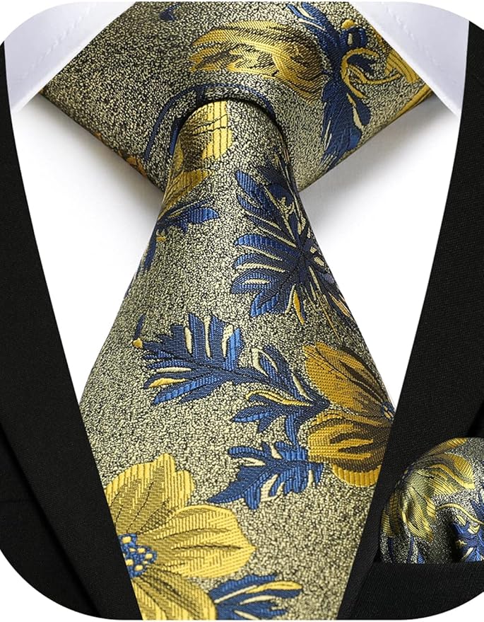 HISDERN Men Floral Ties Woven Classic 3.4" Necktie Set Formal Tie Pocket Square for Wedding with Handkerchief Gift Box