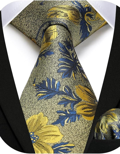 HISDERN Men Floral Ties Woven Classic 3.4" Necktie Set Formal Tie Pocket Square for Wedding with Handkerchief Gift Box