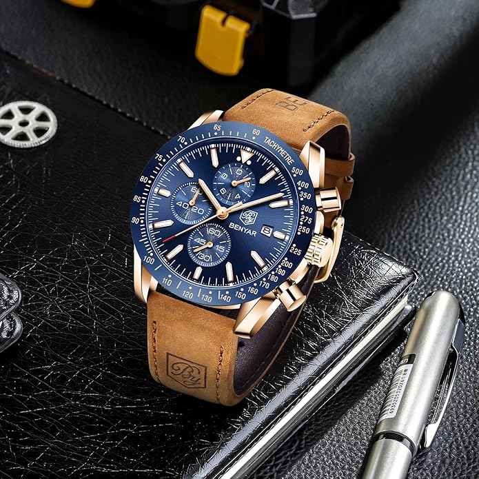 BY BENYAR Watch for Men Analog Quartz Chronograph Waterproof Luminous Designer Mens Wrist Watches Business Work Sport Casual Dress Watch with Silicone Strap Elegant Gifts for Men