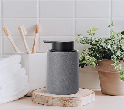 Resin Hand Soap Dispenser with Easy-to-Press Pump, Refillable Liquid Soap Dispenser with Sandstone Like Finish, Waterproof Bottle Labels for Bathroom Kitchen Dish Lotion (Gray, 10 oz)