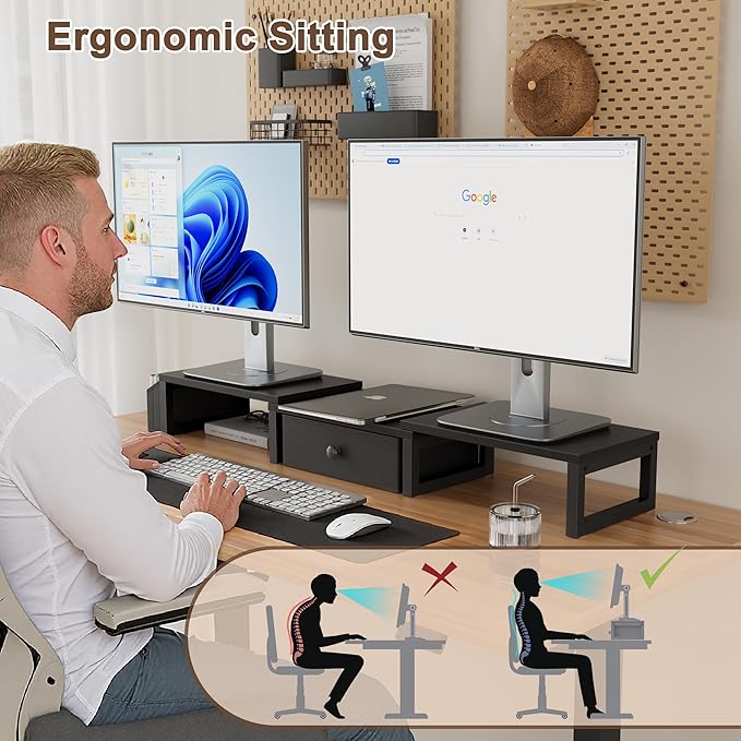 LAND·VOI Heavy Duty Dual Monitor Stand, Holds 2 Screens Up to 27 Inches, Adjustable Length and Angle Monitor Riser, Desk Organizer with Side Pockets and Drawers, Home Office Desk Storage, Black