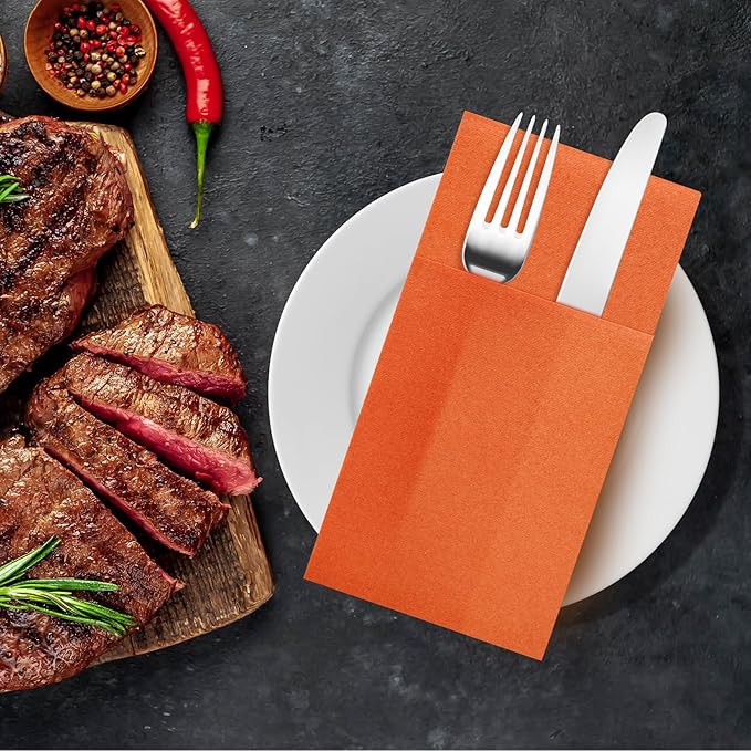 Orange Napkins Hand Towels Disposable, Linen-Feel Dinner Napkins with Prefolded Built-in Flatware Pocket, Guest Paper Hand Towels for Wedding, Thanksgiving Or Party (16x16in, 50Pack）