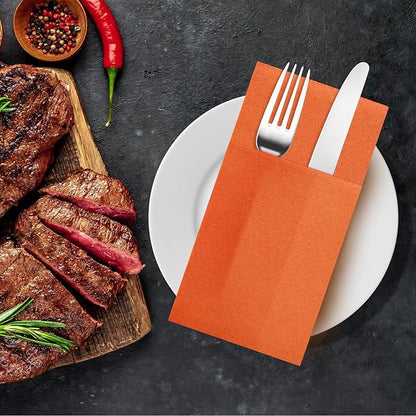 Orange Napkins Hand Towels Disposable, Linen-Feel Dinner Napkins with Prefolded Built-in Flatware Pocket, Guest Paper Hand Towels for Wedding, Thanksgiving Or Party (16x16in, 50Pack）