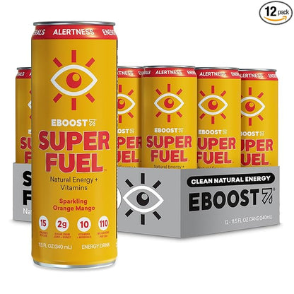 EBOOST Super Fuel Healthy Energy Drink - Caffeine from Natural & Clean Ingredients For Focus and Productivity -Taurine Free Pre-Workout With Electrolytes, Nootropic & Vitamins - Orange Mango, 12 Pack