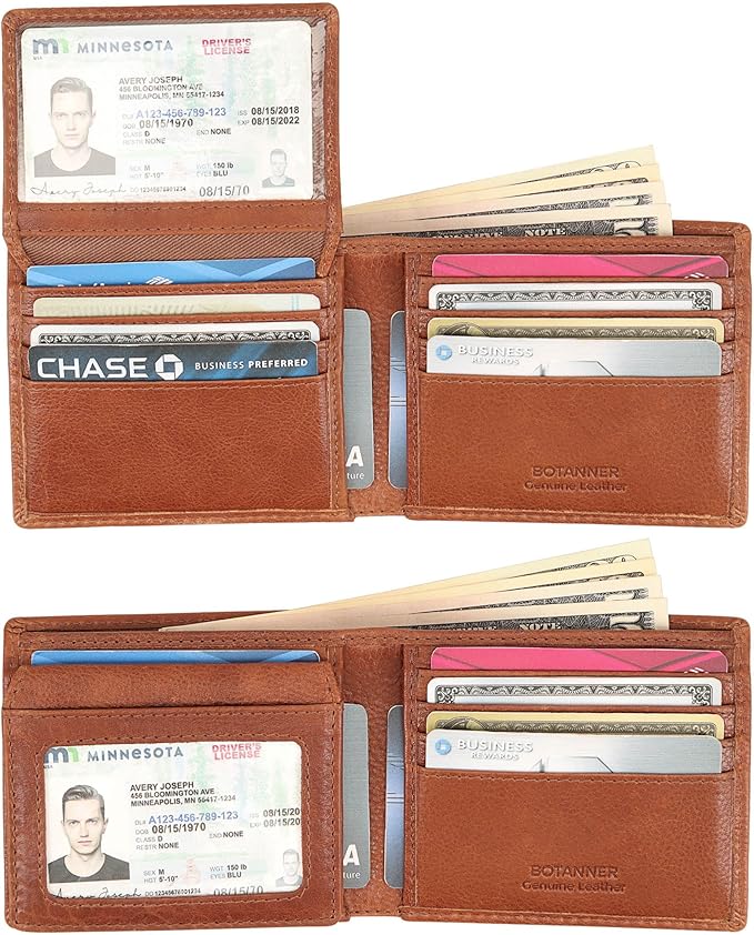 Mens Genuine Leather Flip ID Wallet RFID Blocking 8 Credit Card Slots 2 ID Windows 2 Sections for Bills 3 Hidden Pockets | Tan