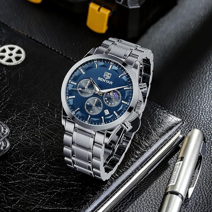 BY BENYAR Mens Watches Analog Quartz Chronograph Waterproof Wrist Watches for Men Fashion Business Work Casual Sport Designer Dress Watch with Calendar Elegant Gifts for Men