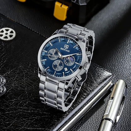 BY BENYAR Mens Watches Analog Quartz Chronograph Waterproof Wrist Watches for Men Fashion Business Work Casual Sport Designer Dress Watch with Calendar Elegant Gifts for Men