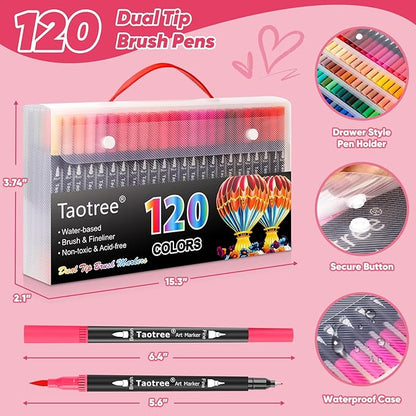 Taotree 120 Colors Dual Tip Art Markers Pens for Adult Coloring Book, Artist Fine & Brush Tip Coloring Markers Drawing Pen for Journaling Note Taking Lettering Calligraphy Craft Art Supplies Set