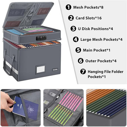DocSafe File Box with Lock,Multi-Layer Fireproof Document Box Collapsible File Storage Organizer with Pockets/Handle,Large Portable Home Office Filing Box for Hanging Letter/Legal Size Folders,Gray