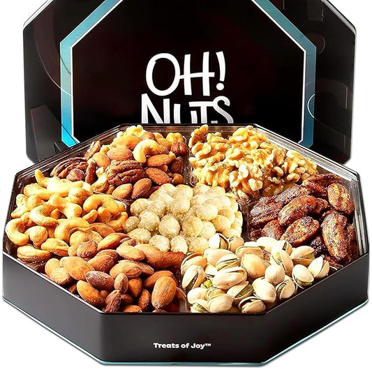 Oh! Nuts 7 Section Nuts Gift Basket - Gourmet Assorted Macadamia Nut Gifts Baskets - Healthy Nuts Gift Hexagon Metal Tin Box - Premium Food Gift for Holiday, Movie Night, Corporate, Men & Women