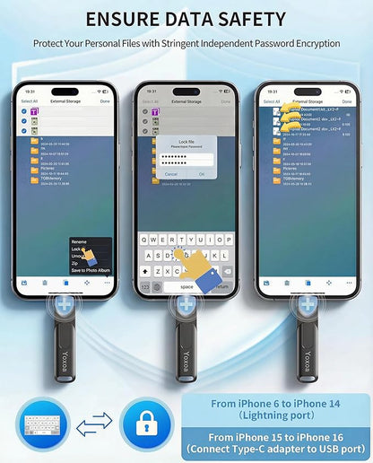 MFi Certified 512GB Flash Drive for iPhone & iPad, High-Speed Photo Stick for External Memory Storage, Backup & Transfer Files, USB Stick for iPhone/iPad/iOS/Android/PC (Available Space: ~484GB)Black