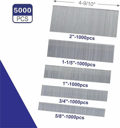 HW HAMWOO 18 Gauge Brad Nails,Galvanized 18GA Nail Gun Nails Assorted,Suitable for Most Brand of 18 GA Pneumatic and Electric Brad Nailer(2",1-1/5",1",3/4",5/8",5000Pcs)