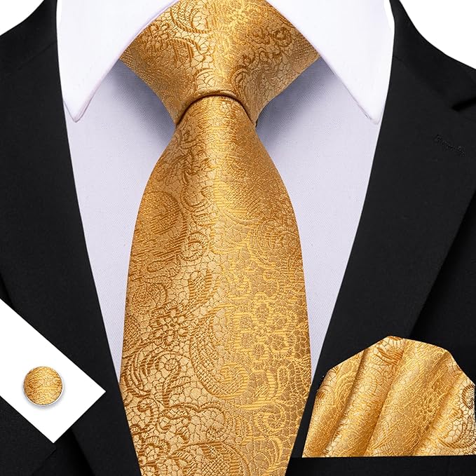 Barry.Wang Tie Sets for Men Silk Solid Necktie Stain Ties Handkerchief Pocket Square Cufflinks Wedding Business Dyed