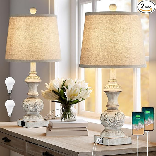 Farmhouse 3 Way Dimmable Touch Table Lamps for Living Room Set of 2 Traditional Rustic Bedside Lamps for Bedroom Nightstand 23.5" Vintage Carved Floral Night Light Lamps with USB Ports Bulb Included