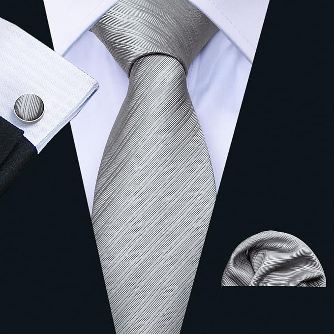Barry.Wang Tie Sets for Men Silk Solid Necktie Stain Ties Handkerchief Pocket Square Cufflinks Wedding Business Dyed