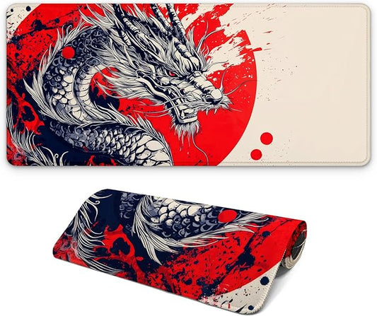 Japanese Dragon Gaming Mouse Pad with Non-Slip Rubber Base, Large Anime Mousepad with Stitched Edges, Long Keyboard Desk Mat for Home and Office, 31.5 x 11.8 inches