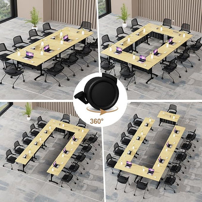 Folding Conference Table,Conference Table with Wheels,Large Flip-Top Training Table,Freely Combinations,Easy to Move for Offices, Schools,Training Rooms（4,A-Yellow,55in