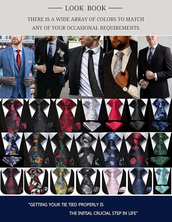 HISDERN Men Floral Ties Woven Classic 3.4" Necktie Set Formal Tie Pocket Square for Wedding with Handkerchief Gift Box