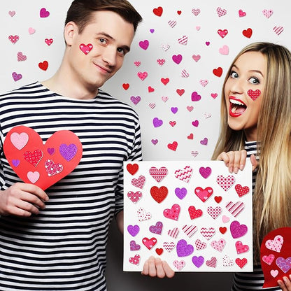 500 PCS Valentines Stickers, Self-Adhesive Foam Heart Stickers for Craft Lovers, 3 Sizes Glitter Polka Dots Stripe Valentines Decor, Bulk Valentine Crafts Red Pink DIY Decor for Frames Presents Cards