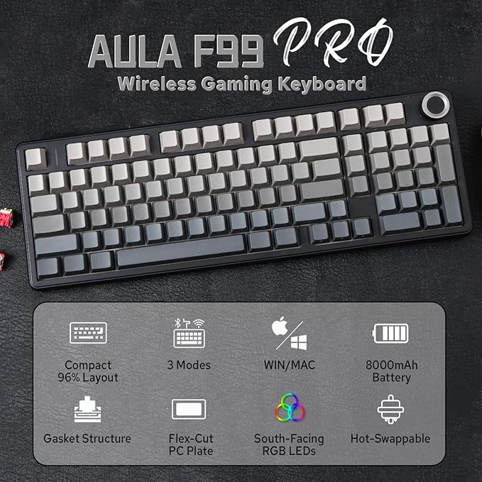 MechLands Aula F99 PRO 96% Mechanical Gaming Keyboard, BT5.0/USB-C/2.4GHz Wireless, Hot Swappable Gasket Custom Keyboard with 8000mAH Battery, Rotary Knob, RGB Backlit for Win/Mac (Grey)