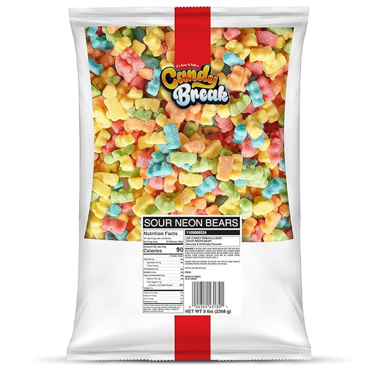 Candy Break Sour Neon Gummy Bears, Four Flavor Gummies, Sweet & Sour Candy Snacks for Kids & Adults, Bulk Candies Share Size Bag, Variety Pack, 5 lbs Pack of 1