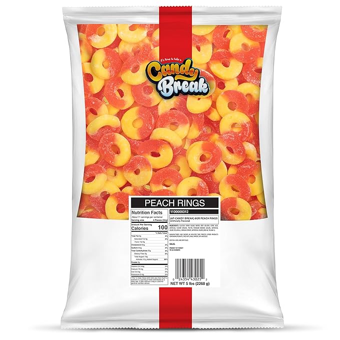 Candy Break Fruity Peach Rings Gummy Candy, Chewy Gummies with Peach Flavor, Snacks for Kids & Adults, Chewy Candies 5 lbs Bulk Share Size Bag, Pack of 1