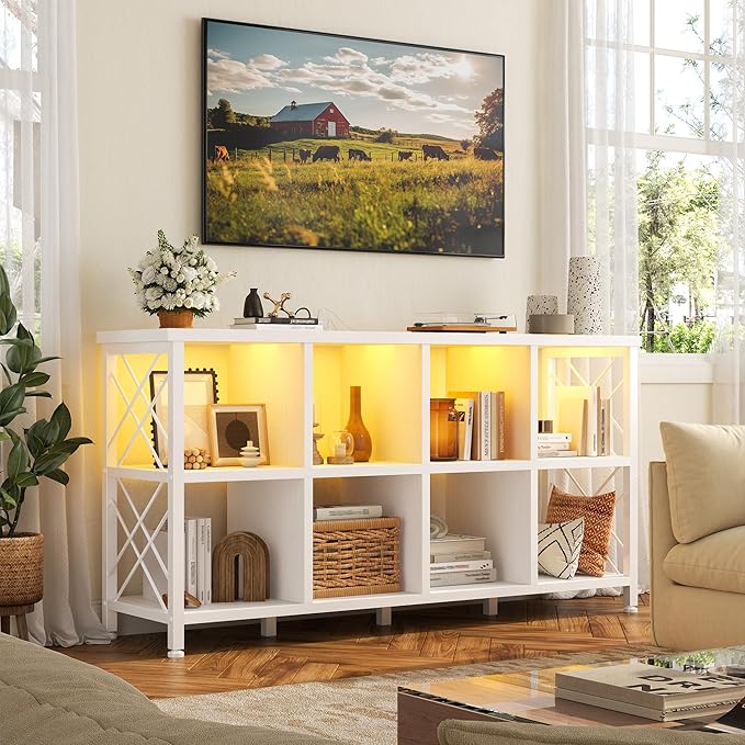 8 Cube Storage Organizer with LED Light and Charging Station, Wood and Metal Cube Shelf, White Horizontal Book Shelf for Bedroom, Home Office