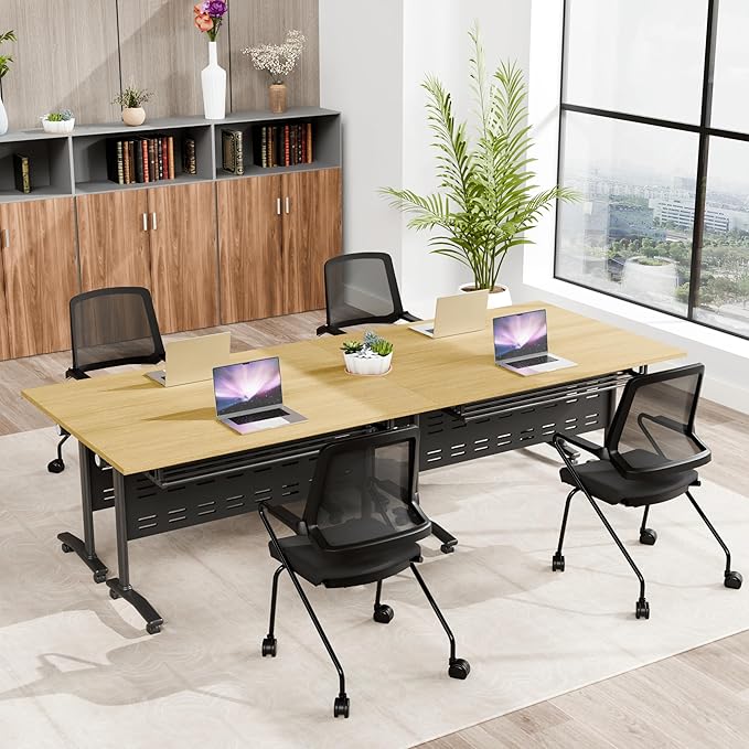 Conference Room Table, 55 Inch Folding Conference Tables with Wheels, Modern Office Meeting Table, Easy Flip & Nest Design, Rectangular Seminar Tables with Metal Frame for 2-24 People(F 6PCS)