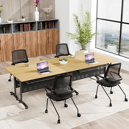 Conference Room Table, 55 Inch Folding Conference Tables with Wheels, Modern Office Meeting Table, Easy Flip & Nest Design, Rectangular Seminar Tables with Metal Frame for 2-24 People(F 6PCS)