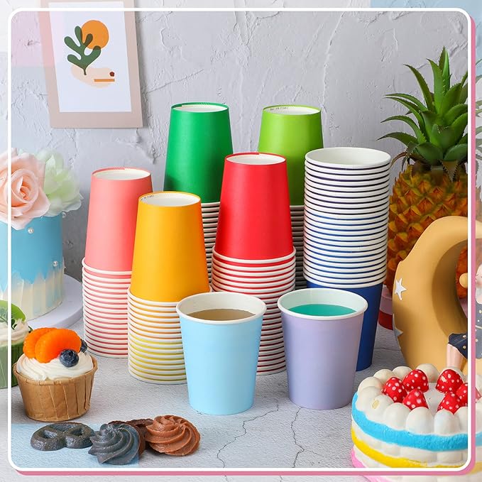 Dingion 300 pcs Colorful Paper Cups 8 oz Valentine Hot Cups Disposable Mouthwash Holiday Party Cup for Tea Coffee Valentine New Year Birthday Party