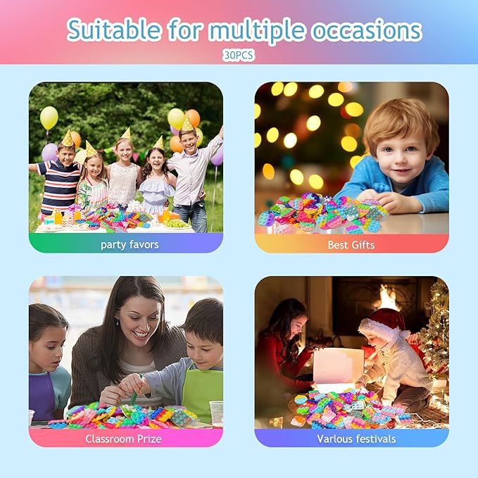30PCS Party Favors for Kids,Bulk Fidget Toys, Birthday Party Toys, Small Classroom Prizes Box Fidgets Toys for Kids Toddlers Adult, Goodie Bag Stuffers, Treasure Chest, Bubbles Poppers (Square)