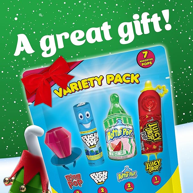 Christmas Candy Variety Pack Bag, 7 Ct Individually Wrapped Lollipops, Ring Pop, Push Pop, Baby Bottle Pop & Juicy Drop, Birthday Party Favors, Stocking Stuffers, Christmas Candy Bowls, Kids Gifts