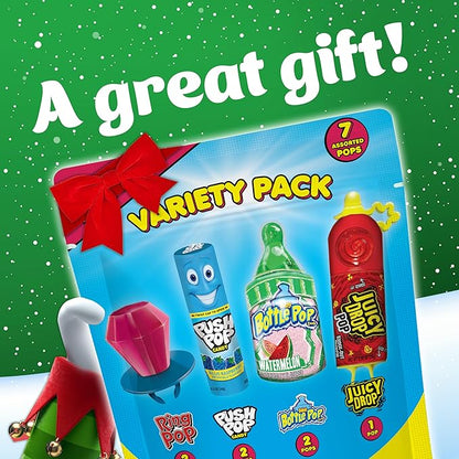 Christmas Candy Variety Pack Bag, 7 Ct Individually Wrapped Lollipops, Ring Pop, Push Pop, Baby Bottle Pop & Juicy Drop, Birthday Party Favors, Stocking Stuffers, Christmas Candy Bowls, Kids Gifts