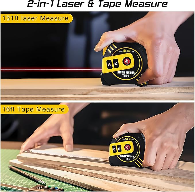 2-in-1 Laser Measure 131Ft with Movable Magnetic Hook, High Accuracy Electronic Measurement Tool for Construction, Home Improvement, Rechargeable, Pythagorean/Area/Volume, Backlit LCD, Auto-Lock