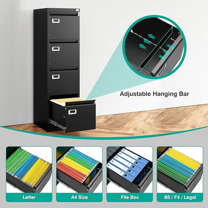 SISESOL 4 Drawer File Cabinet with Lock and Tag,Black Vertical File Cabinet,Narrow Locking Filing Cabinets with Drawers,Metal Filing Storage for Home Office Fit A4 Legal/Letter Size